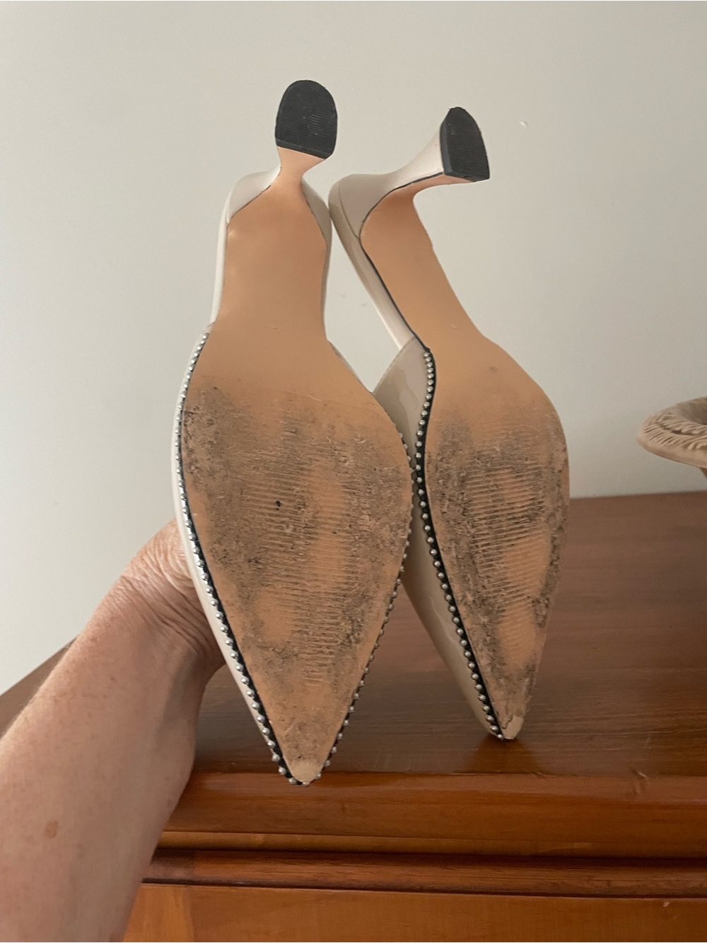 Size 9 Pointed Toe Beaded Mules 2.6” Kitten Heels. faux patent leather Nude - Picture 6 of 10